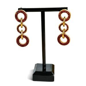 Vintage Gold Tone Red Rhinestone Pavé Triple Link Circles Dangle Drop Earrings